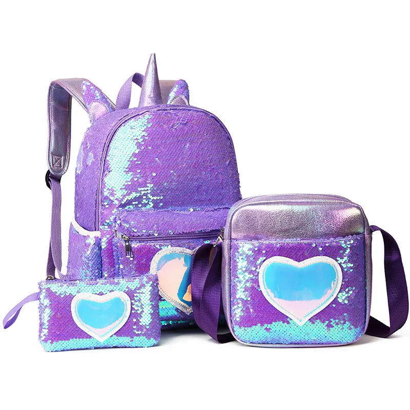 3pcs/set  Sequins Unicorn Backpack Fashion Girl Glitter School Book Bag Girls Cute Hologram Laser PU Leather Travel Backpacks