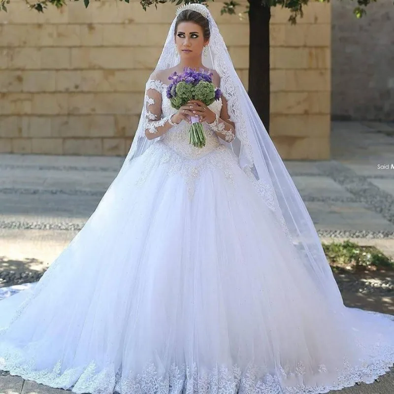 Vestidos De novia árabes personalizados, encaje clásico, manga larga, cuello De ilusión blanco, vestidos De novia, bata De boda, princesa hecha a medida