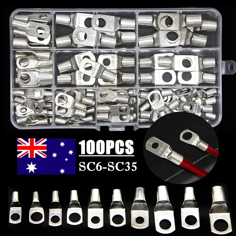 100PCS SC Bare Terminals lug Tinned Copper Tube Lug Ring Seal Battery Wire Connectors Bare Cable Crimped/Soldered Terminal Kit