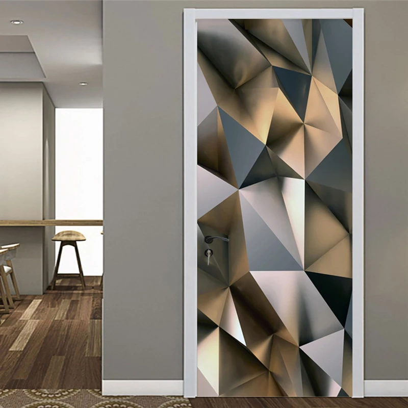 Modern Door Sticker 3D Stereo Abstract Metal Texture Geometric Wallpaper Living Room Study Creative Door Poster PVC Wall Sticker