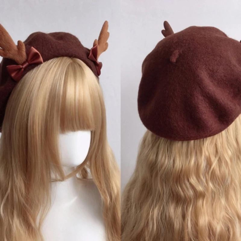 Women Kawaii Antler Beret Cap Christmas Cute Deer Antlers Wool Painter Hat Female Girls Vintage Lolita Warm Beanie Hat for Party