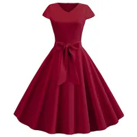 Women Summer Vintage Dress With Belt Short Sleeve V neck Elegant Retro Swing Party Dresses - Image 2