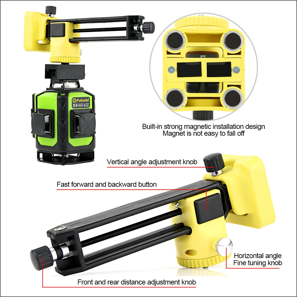 Fukuda Laser Level Green Light Self Leveling Horizontal 360° Vertical 16 Line Lasers Bracket 4D Tripod Professional Laser Level