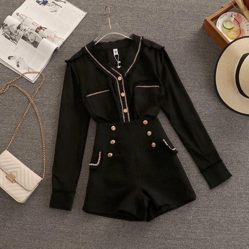 Chic Autumn Winter Tweed Shorts Two Piece Set Women Tassel V Neck Pocket Patchwork Chiffon Shirt + High Waist Button Shorts Suit