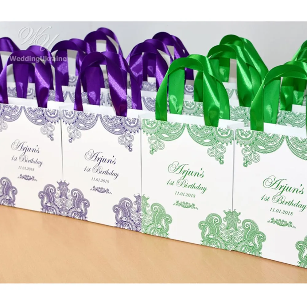 Personalized 30 Birthday Party bags with Purple satin ribbon Elegant 1st Birthday gift bags for guests,cutom baby shower party