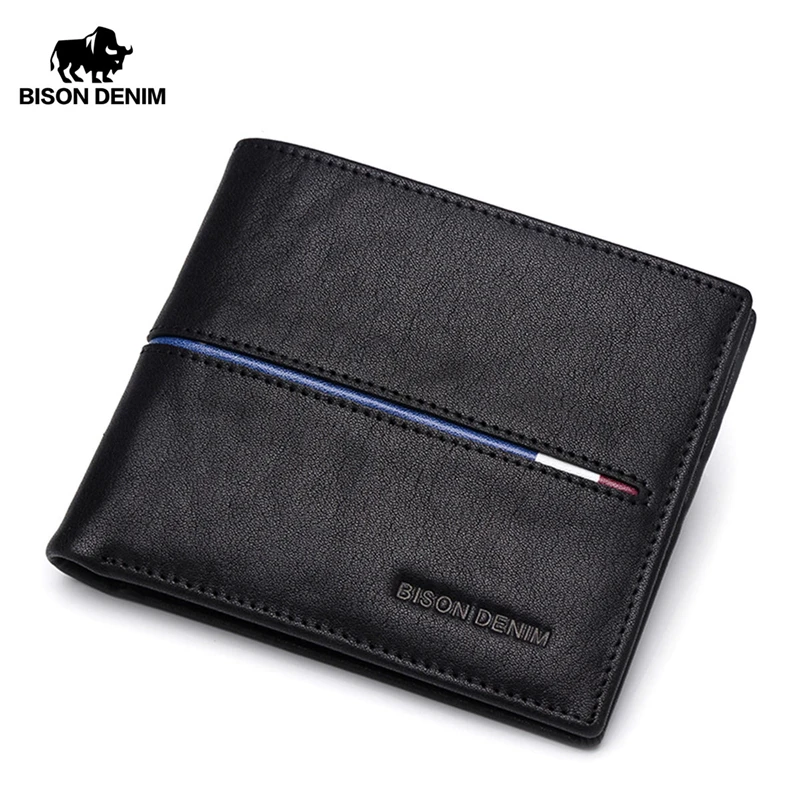Bison denim carteira de couro genuíno dos homens da marca moda curto bolsas de moeda id titular do cartão de crédito fino bifold carteira masculina