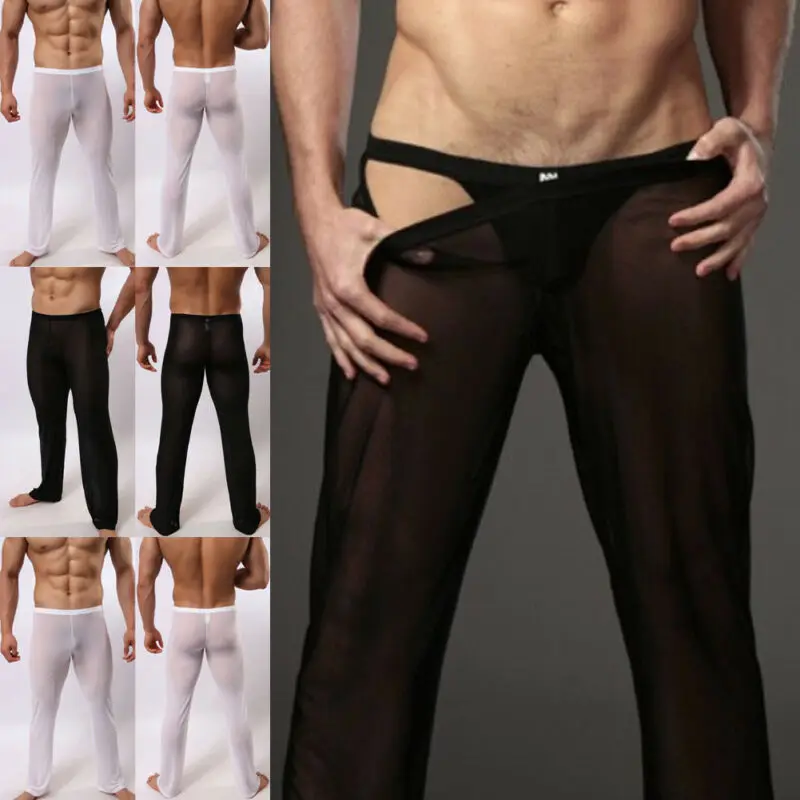 Hiriginr-Pantalones elásticos transparentes de malla suave para hombre, ropa de dormir Sexy, ropa de casa transparente