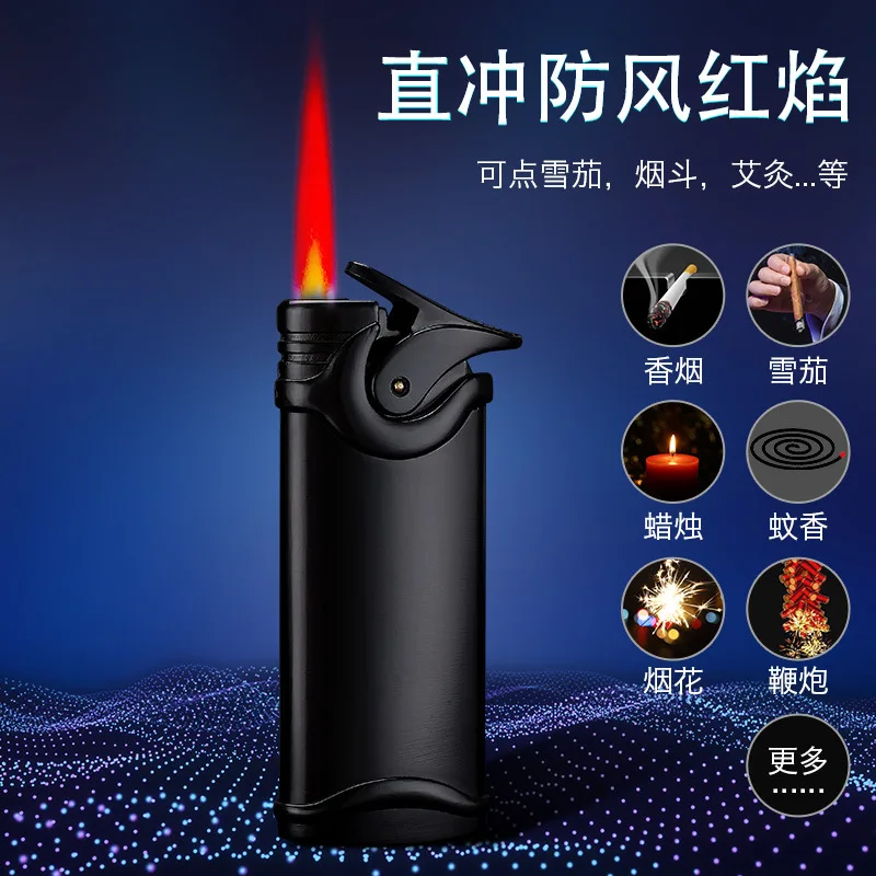 Net Red Retro Windproof Lighter Inflatable Straight Red Flame Metal Creative Personality To Send Boyfriend Gift Cigar Moxibustio