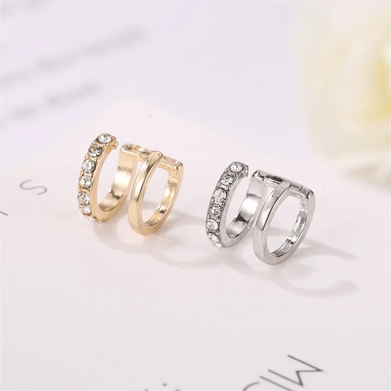 Clip Earrings for Women Korean Drilling Clip on Earrings Fashion Double C Ear Clip Without Ear Hole Jewelry Wholesale