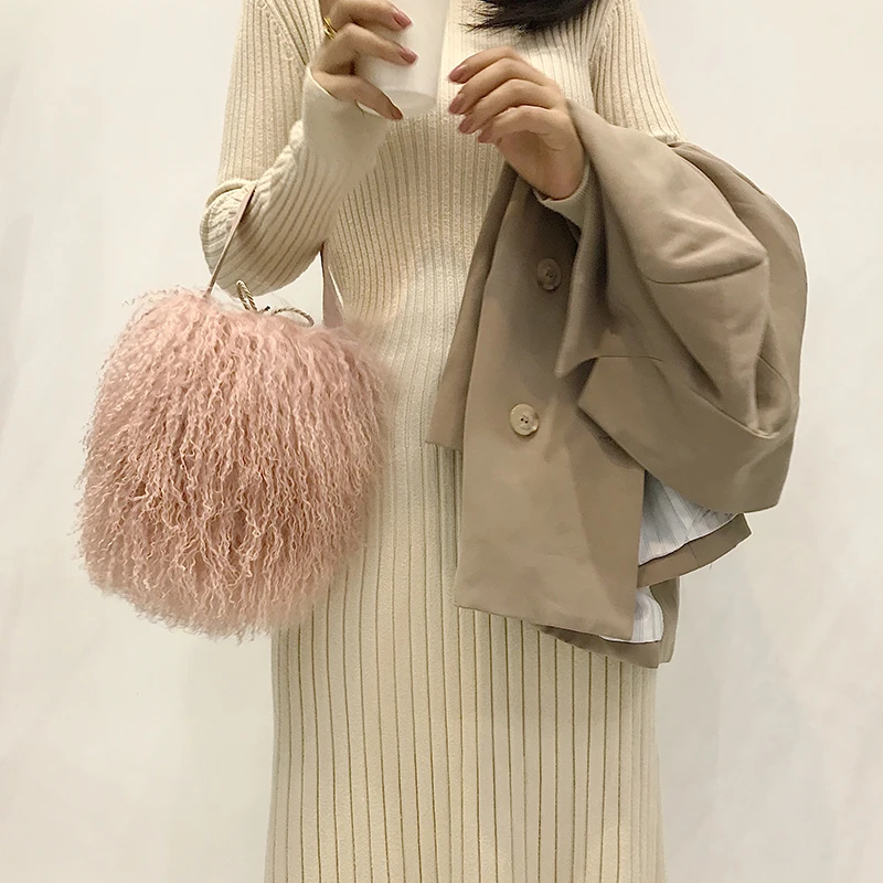 Fashion Women Bags Women Messenger Bags Wool Whole Fur Real Curly Crossbody Bags For Women Plush Chain Shoulder Bags