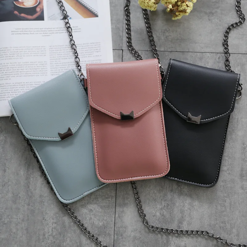 Cat Ear Transparent Touch Screen Retro Simple Mobile Phone Bag 2019 Women Chain Messenger Bags Small Flap Bag Mini Shoulder Bag