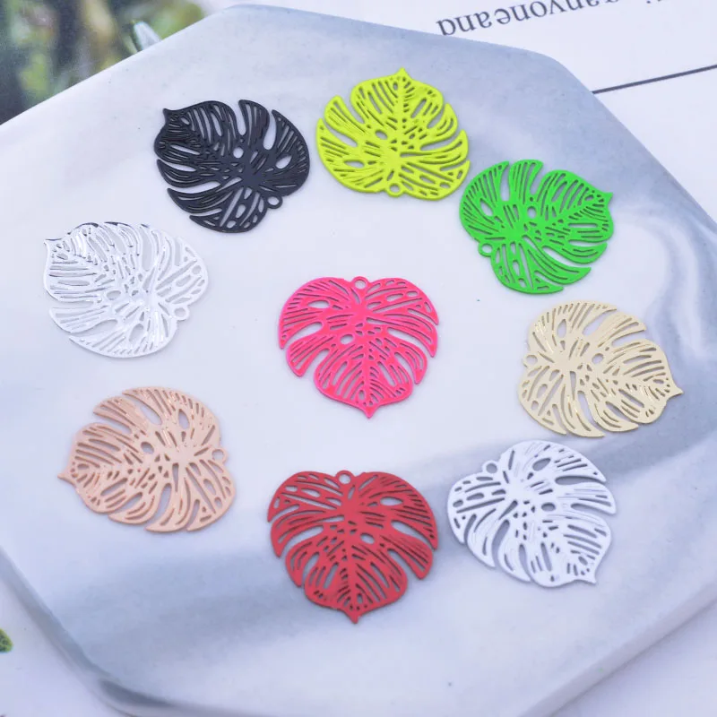 50pcs AC11507 18mm Painted Brass Samll Monstera Leaves Charm Tropical Leaf Pendant Jewelry  Earring Findings