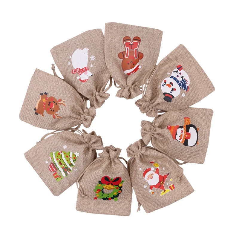 Hot Sale 50Pcs/Lot Christmas Printing Jute Bags 10x14 13x18cm Drawstring Gift Bag Pouches Favor Candy Jewelry Packaging Bags