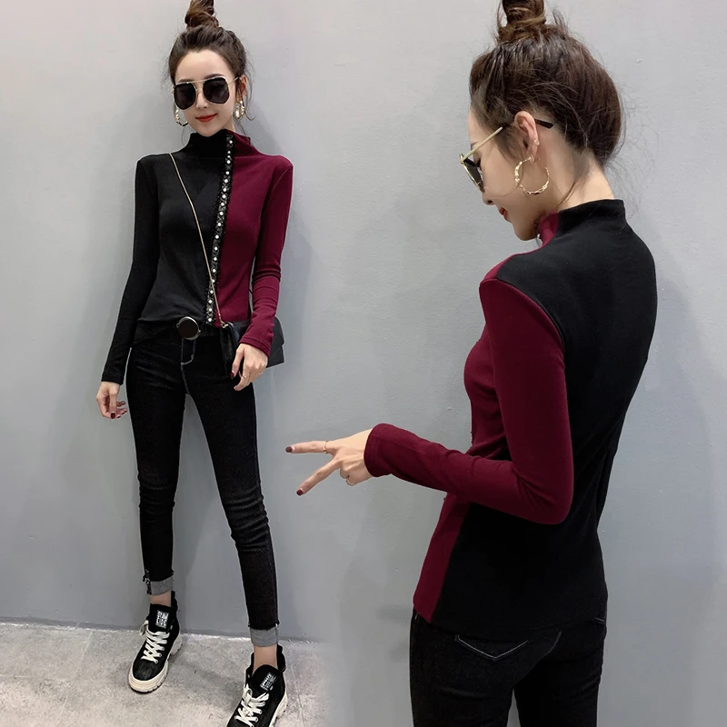 Stretch Beading Patchwork Thick T-Shirt Women Autumn T Shirts Turtleneck Long Sleeve Tops Color Block Tees Elastic 3XL T07927B