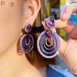 Pera Creative Purple Blue Multiple Ripple Circle Design Cubic Zirconia Long Big Drop Earrings for Women Statement Jewelry E840