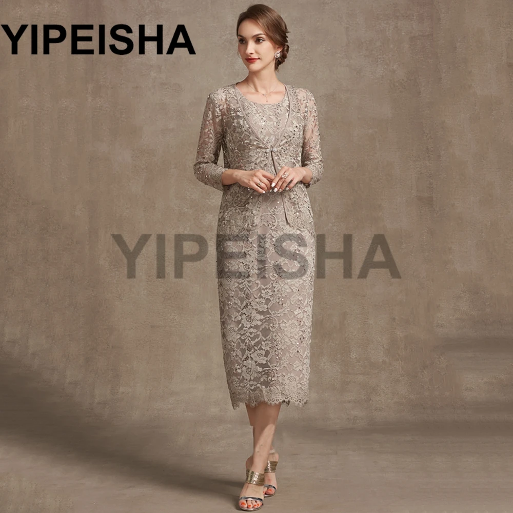 Customized O-Neck Three Quarter Sleeve Lace Mother of The Bride Dress Tea-Length Elegant Wedding Guest Gown with Jacket Свадебн