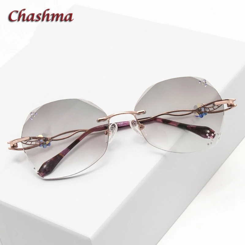 Titanium Gray Colored Lenses Rimless Glasses Light Frame Women Gradient Glass Eyewear Prescription Graduation Glasses Female