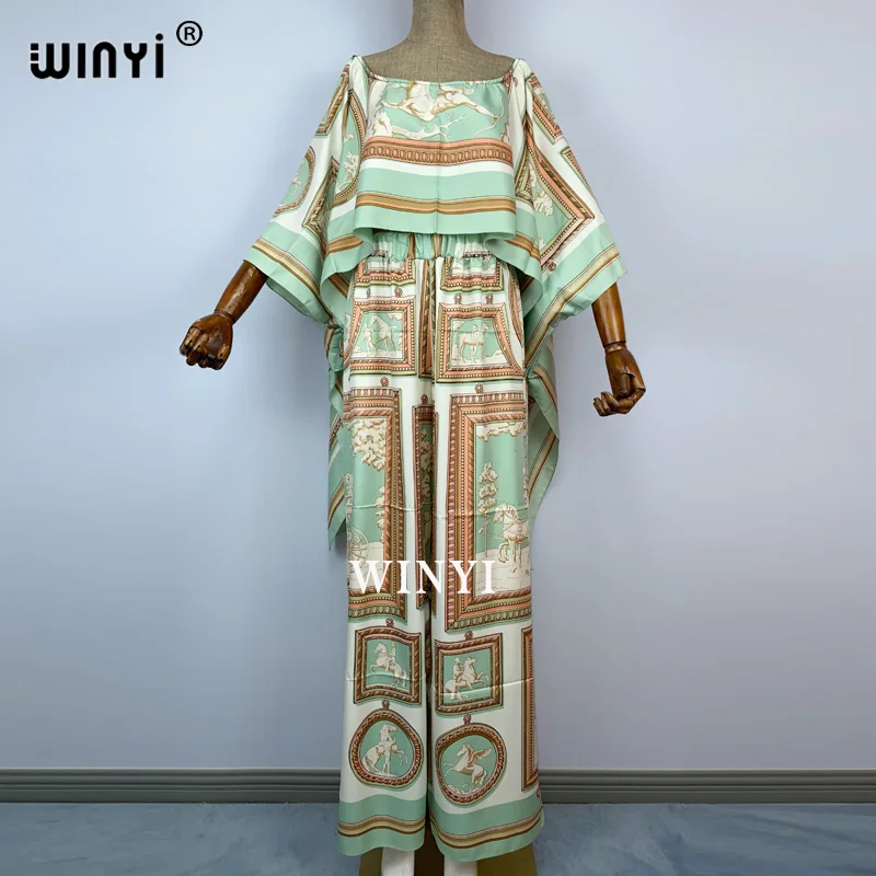 2021 WINYI creative two-piece jacket and trousers summer printing oversized bat sleeves women\'s stretch twill silk floor length