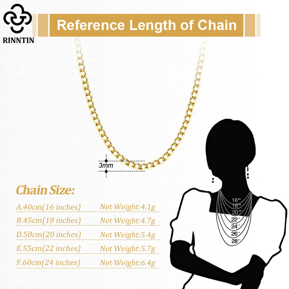 Rinntin 18K Gold Over 925 Sterling Silver 3mm/5mm Italian Diamond Cut Cuban Link Curb Chain Necklace for Women Men Jewelry SC60