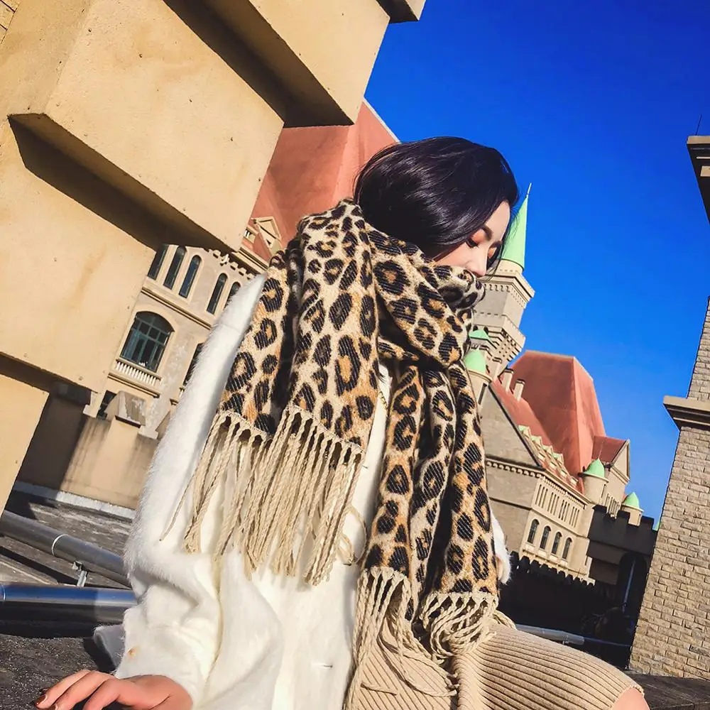 Brown Poncho Leopard Femme Women Winter Blanket Scarf Warm Soft Cashmere Thicken Long Ladies Tassel Scarves Poncho Foulard 2019