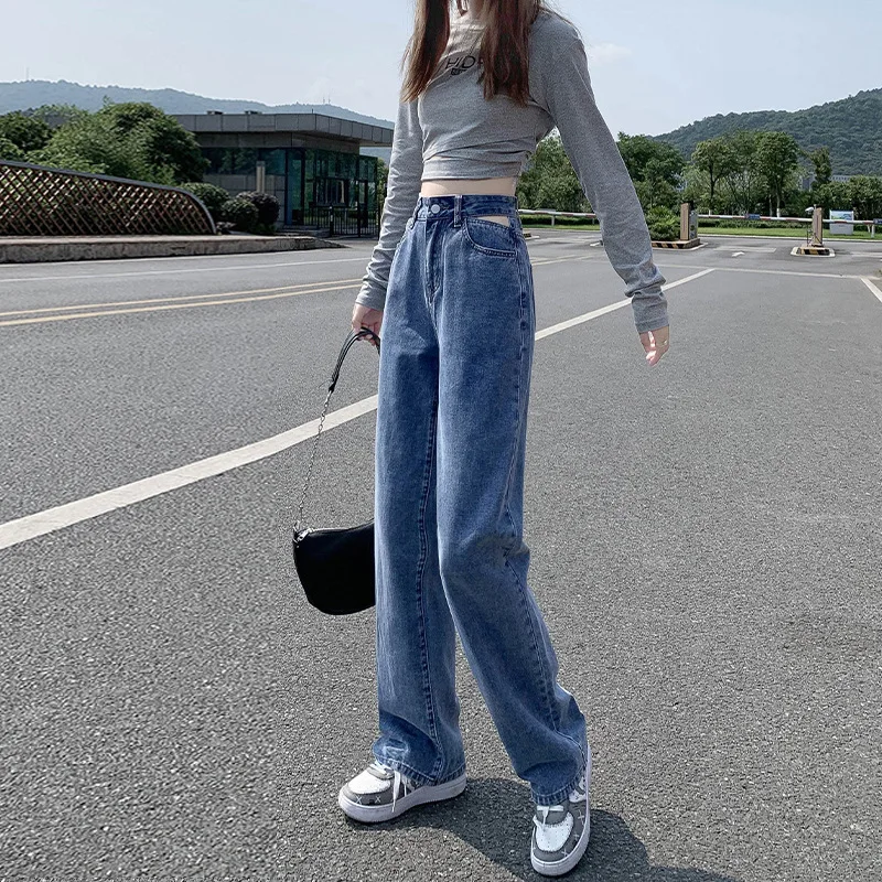 

High Waist Jeans Women Retro Loose Wide Leg Pants Heart Pattern Pockets Straight Casual Slim Spring Summer Denim Trousers Femme