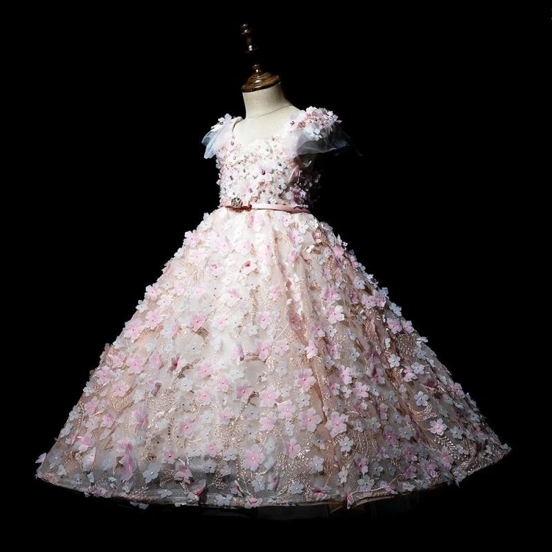 Vestido hinchado de flores para niñas, Vestidos de boda para niños, Vestidos de primera comunión para adolescentes, bodas, bata de dama de honor con cinturón