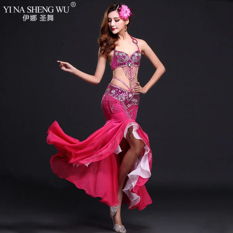 New High Quality Belly Dance Costume Sexy Bra+Skirt+belt Stage Performance Suits Outfits Oriental Belly Dance Clothes Slit Skirt