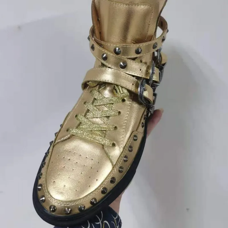 Men Real Leather High-Top Casual Shoes Lace Up Rivets Designer Gold Trainers Buckle Strap Breathable Outdoor Sneakers Male