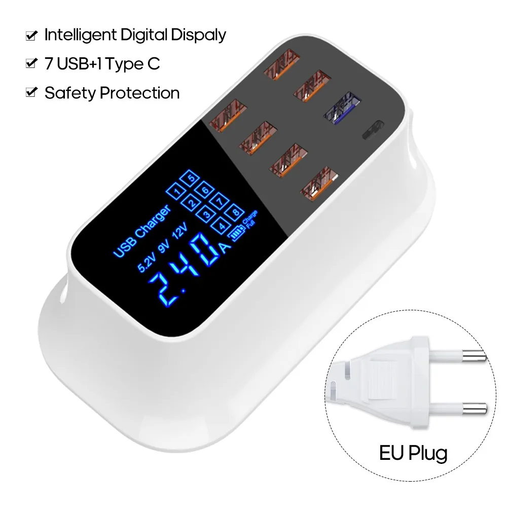 

8 Ports USB Smart Fast Chargers Intelligent LEDs Digital Safety Protection for 110V-240V USB Type C Port Electronic Devices