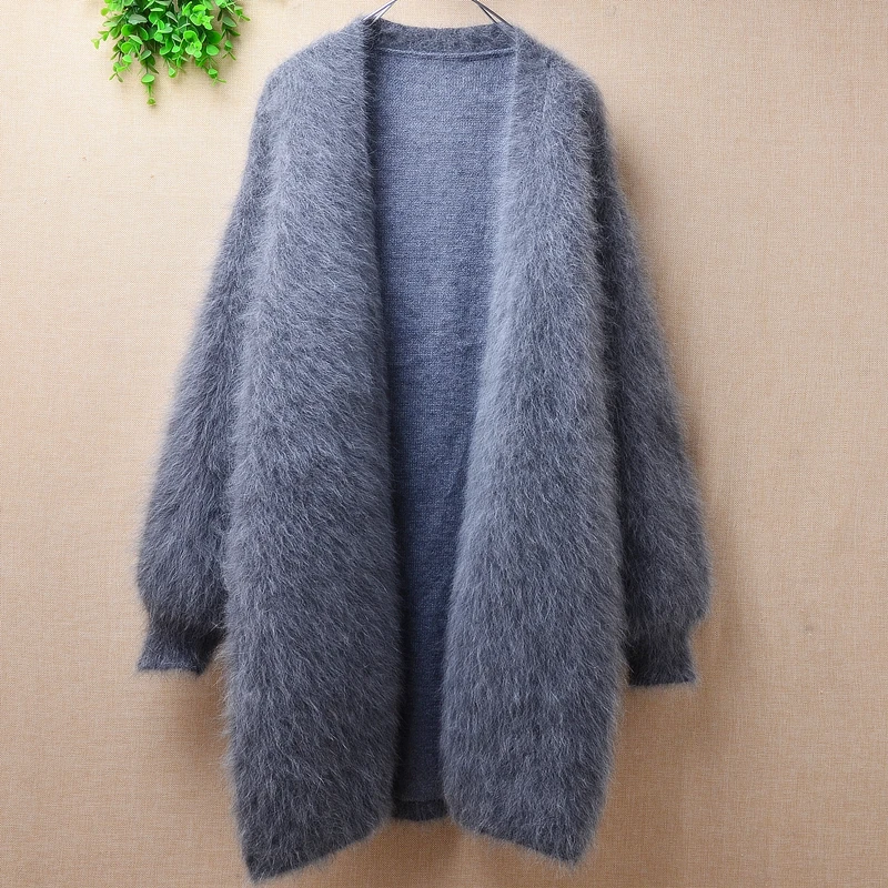 heavy thick ladies women medium long mink cashmere knitted long lantern sleeves loose cardigans mantle angora rabbit hair coat