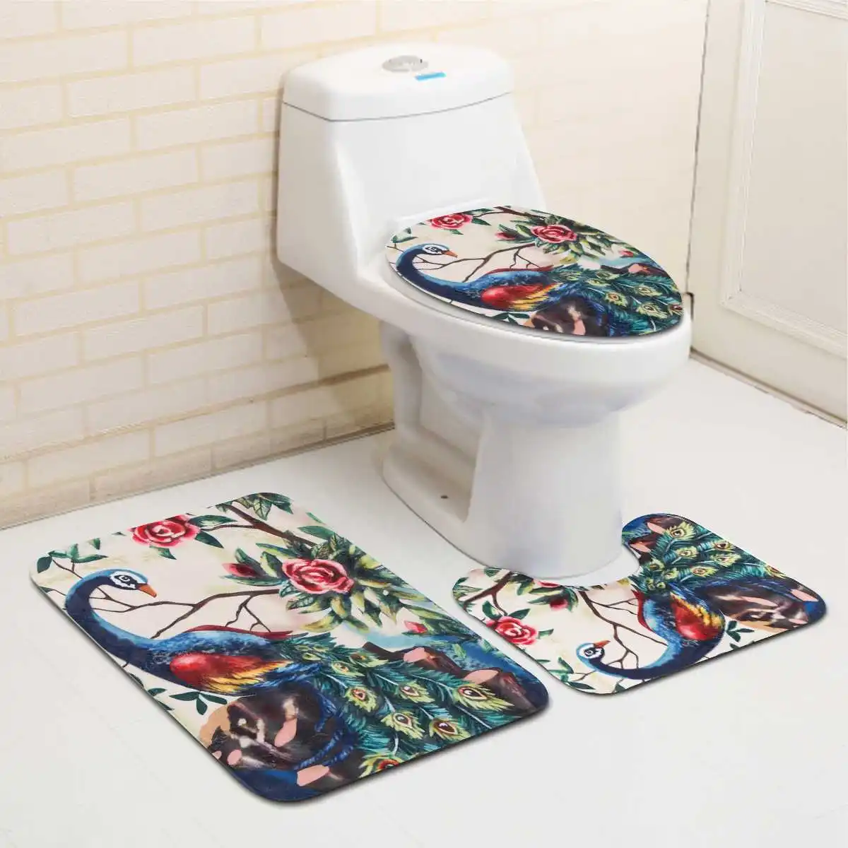 Colorful Flower Peacock Bathroom Non-slip Mat Set Durable Waterproof Shower Curtain Set Pedestal Rug Lid Toilet Cover Bath Mat