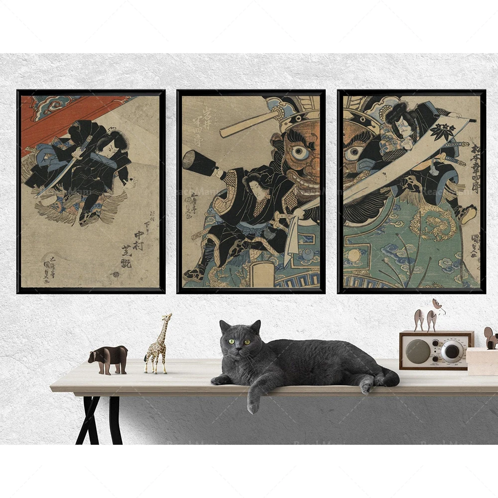 Japanese giant retro triptych Ukiyo-e Kabuki theater performance retro prints Japanese horror wall poster