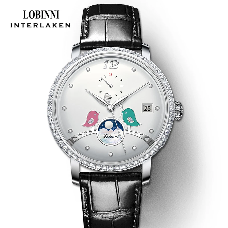 LOBINNI 여성용 정품 가죽 스트랩 시계, 문페이즈 자동 기계식 시계, 사파이어 유리, 방수, 패션