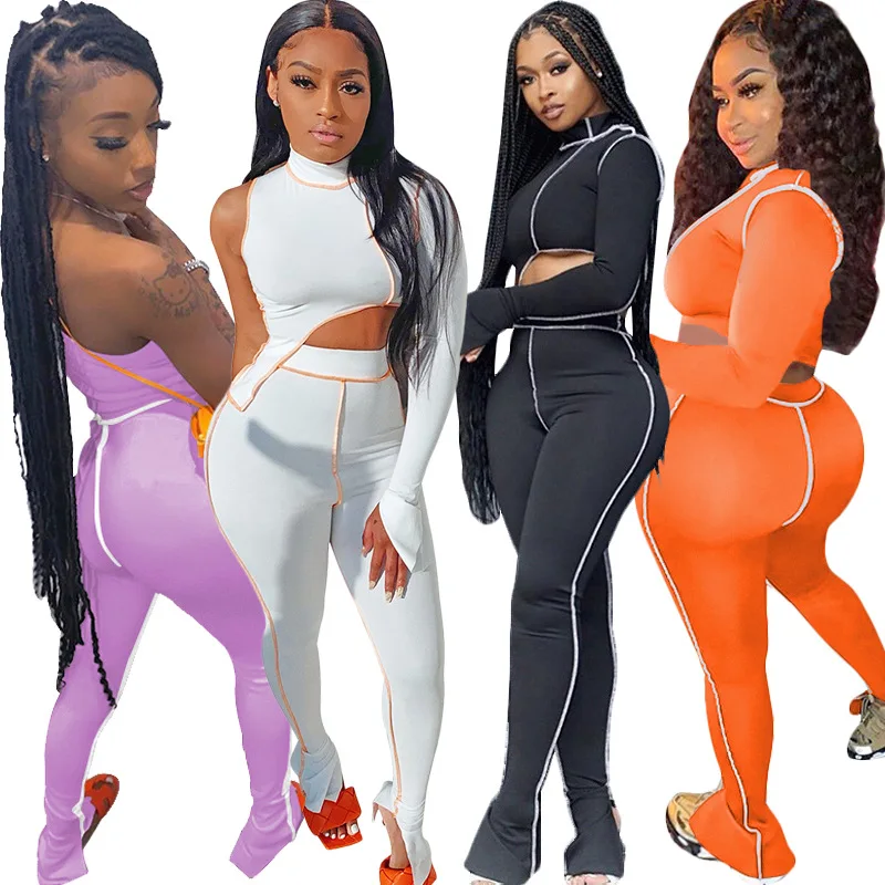 Fitness Sport Workout Two Piece Set Causal Solid Long Sleeve Hollow Out Crop Tops Sweatpants Set Outfit Tracksuit Matching Sets