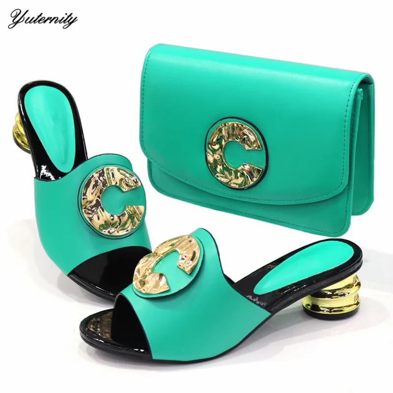 Fashion Summer Ladies PU With Metal Ladies Shoes And Purse Set Newest Style Elegant Slipper Pumps Shoes And Bag Set For Party