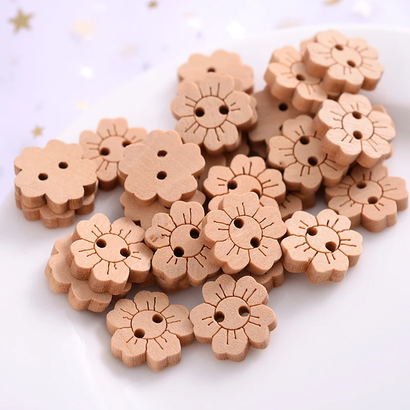 Hot 20/50Pcs Natural  Wooden Sewing Buttons 2 Holes Cute Solid Color Flower Shape Buttons Scrapbooking Garment DIY Accessories