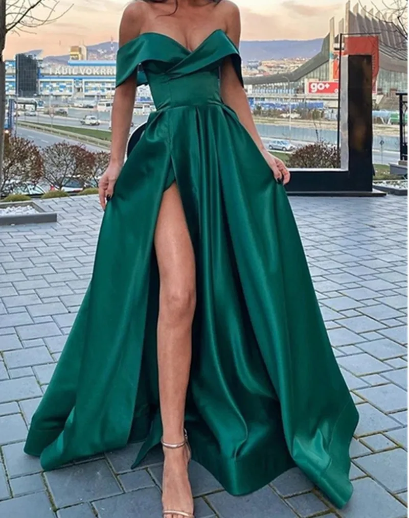 Nuovi abiti da sera lunghi in raso verde smeraldo con spalle scoperte scollo a v arabo Dubai Prom abiti da festa Robe De Soiree