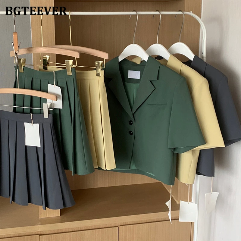 BGTEEVER Stylish Women Skirt Suits Double Breasted Jackets & High Waist A-line Mini Skirts Elegant Female 2 Pieces Blazer Set