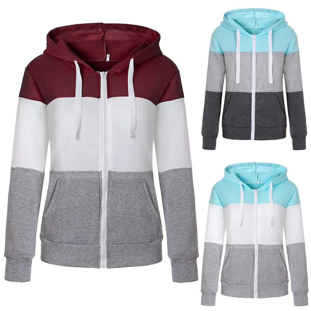 

Plus Size Patchwork Hooded Jacket Pockets Casual Ladies Slim Zipper Coats Female Winter Long Sleeve Streetwear Womens Outerwear