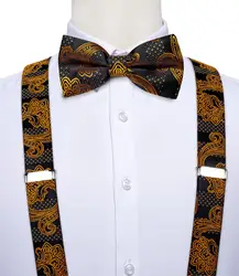 Di lusso Oro Nero degli uomini di Bretelle Set di Cuoio Reale di Modo 6 Pinze Bretelle Bretelle Bretelle di Seta di Nozze Bow Tie Set diBanG
