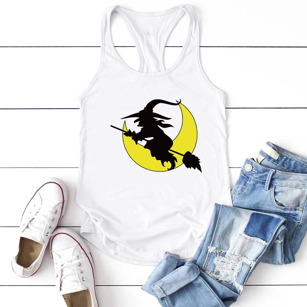 Women Sleeveless Summer Vest Femme Graphic Tank Tops for Girls Casual Plus Size Fashion Halloween Witch Moon Print Tank Top