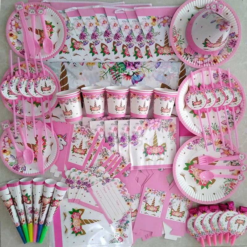 Unicorn Birthday Party Decorations Kids Disposable Tableware Set Paper Plates Cup Banner Foil Balloons Babyshower Party Supplies