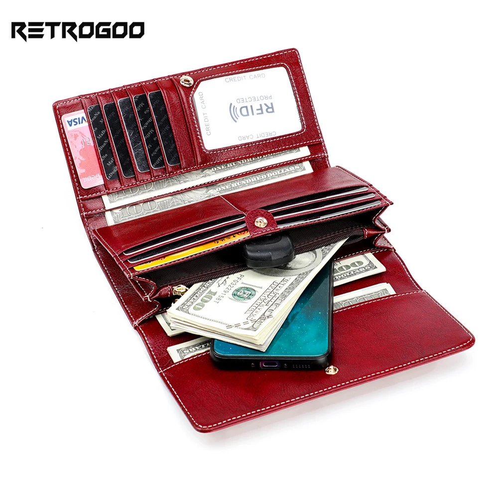 RETROGOO RFID Women Long Wallet Genuine Leather Female Purse Rose Flower Money Bag Card Holder Zipper Coin Pocket Girl Cartera