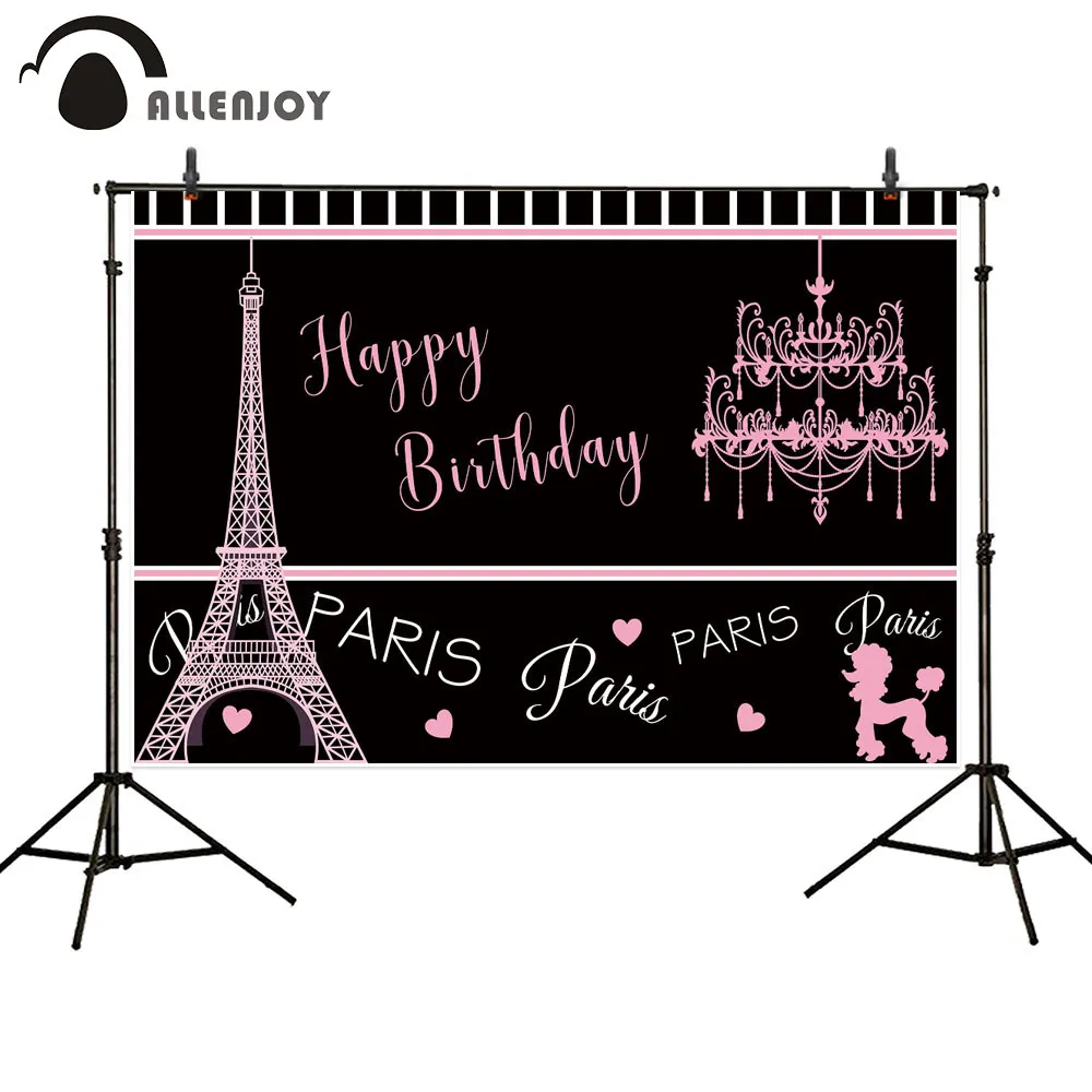 Allenjoy Happy Birthday Girl Event Wallapers Paris Tower Victoria Perfume chandelier Pink Photozone Photocall Child Party Banner