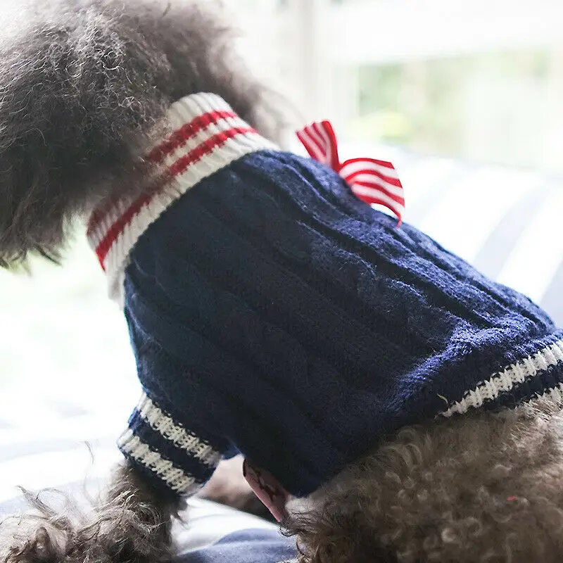 Dog Sweater Puppy Dog Pet Cat Warm Navy Sweater Bow Tie Checkered Cat Dog Sweater Teddy Bear Small Dog Clothes
