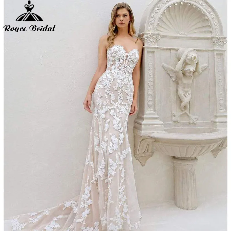 Vestido de novia de sirena champán encantador, Apliques de encaje, tul, escote corazón, sin tirantes, corte sirena, Roycebridal, 2022