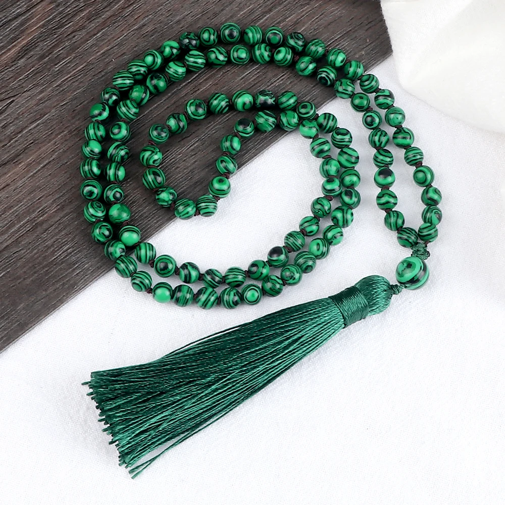 108Mala Natural Malachite Beads Necklace For Women Men Blue Pine Stone Black Onyx Prayer Tassel Necklace Meditation Yoga Jewelry