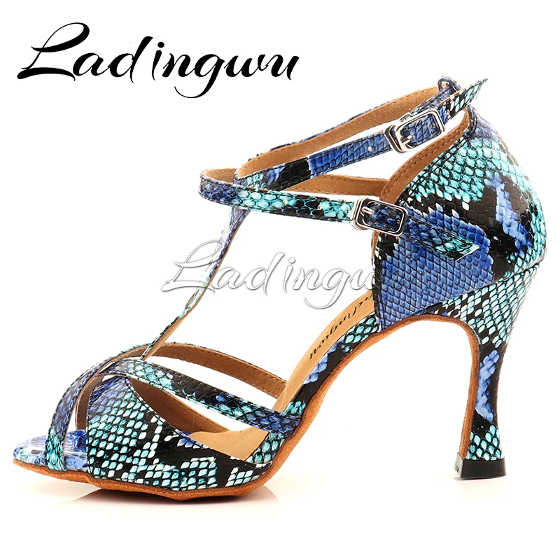 Ladingwu Dance Shoes Latin Women Salsa Dance Shoes Blue Snake Pattern Girls Party Performance Professional Dance Shoes Ballroom