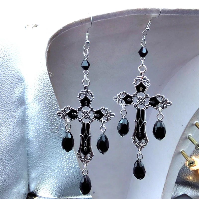 Black Cross Garnet and Crystal Chandelier Earrings Goth Large Trad Gothic Statement Jewelry Rock Gorgeous Fashion Women Gift
