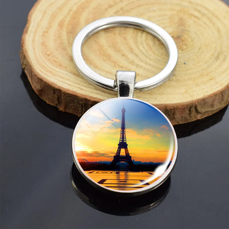 France Paris Eiffel Tower Pattern Keychain Double Side Glass Cabochon Pendant Keyring for Men Women Travel Gifts Souvenir